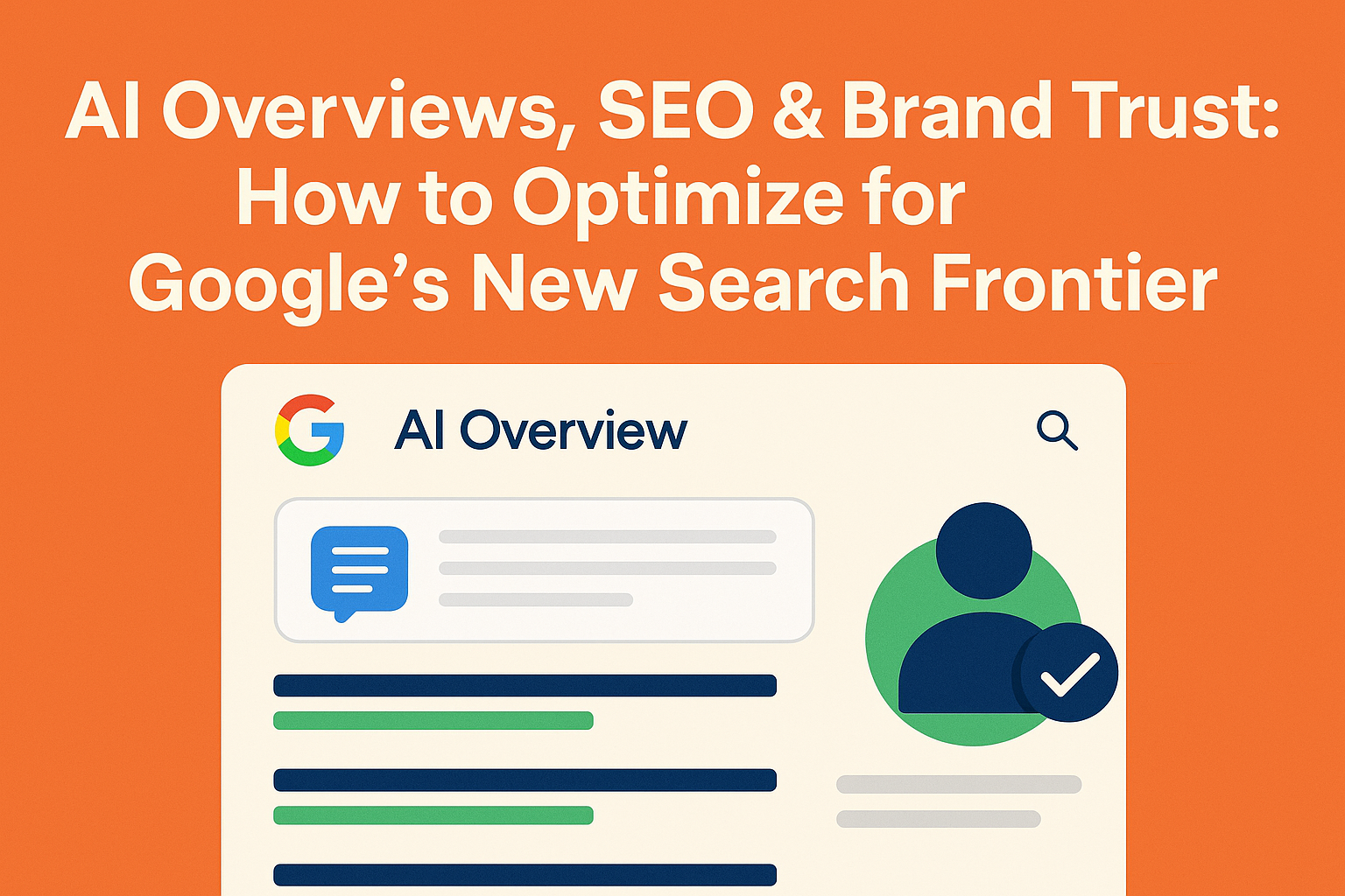 Illustration of a digital AI interface summarizing content above a search engine results page, symbolizing the rise of AI Overviews in modern SEO and their impact on brand trust