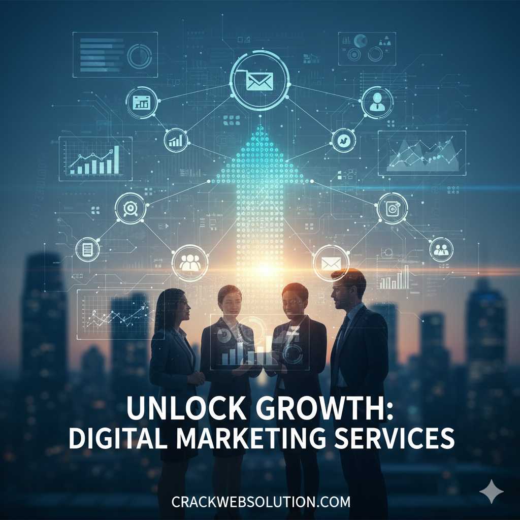 Four professionals collaborating with a digital marketing growth arrow overlay and data visuals representing SEO, PPC, and social media services by Crackwebsolution.